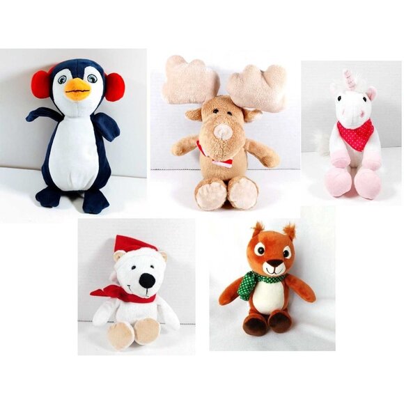 Lot of 5 Christmas Kinder Plush Unicorn, Penguin, Moose, Polar Bear, Squirrel - Picture 1 of 16